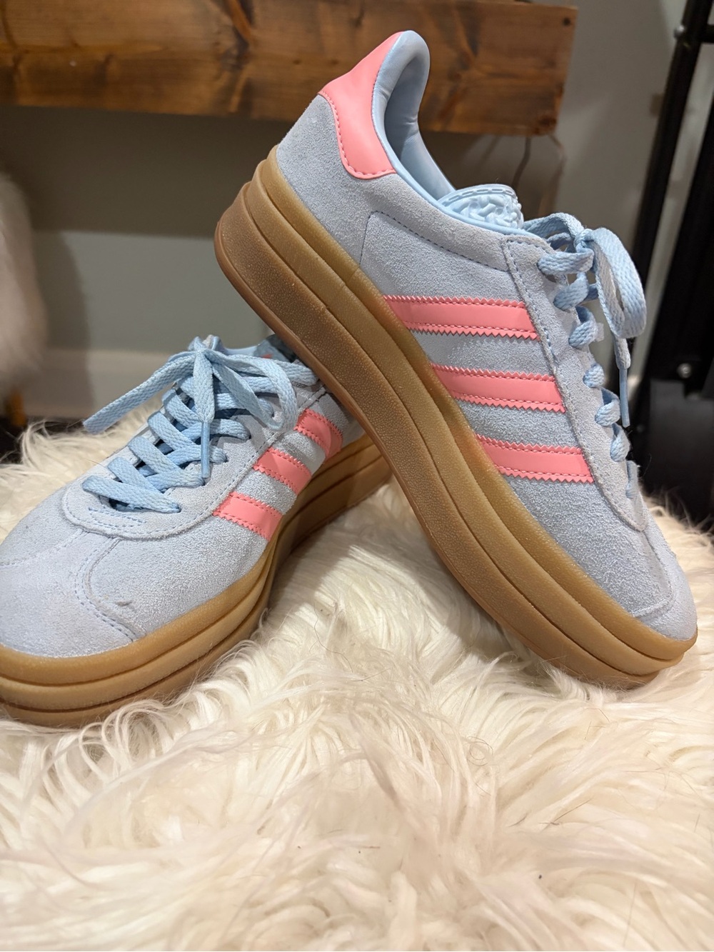adidas Light Blue Suede Platform Sneakers with Pink Stripes